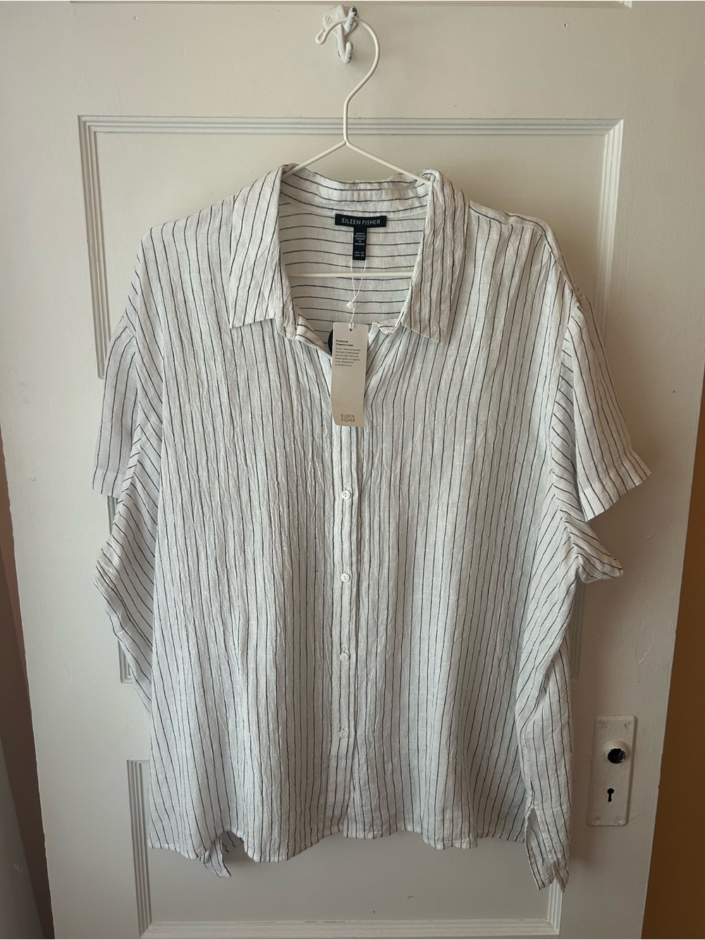 Eileen Fisher White Linen Button-Up with Black Pinstripes